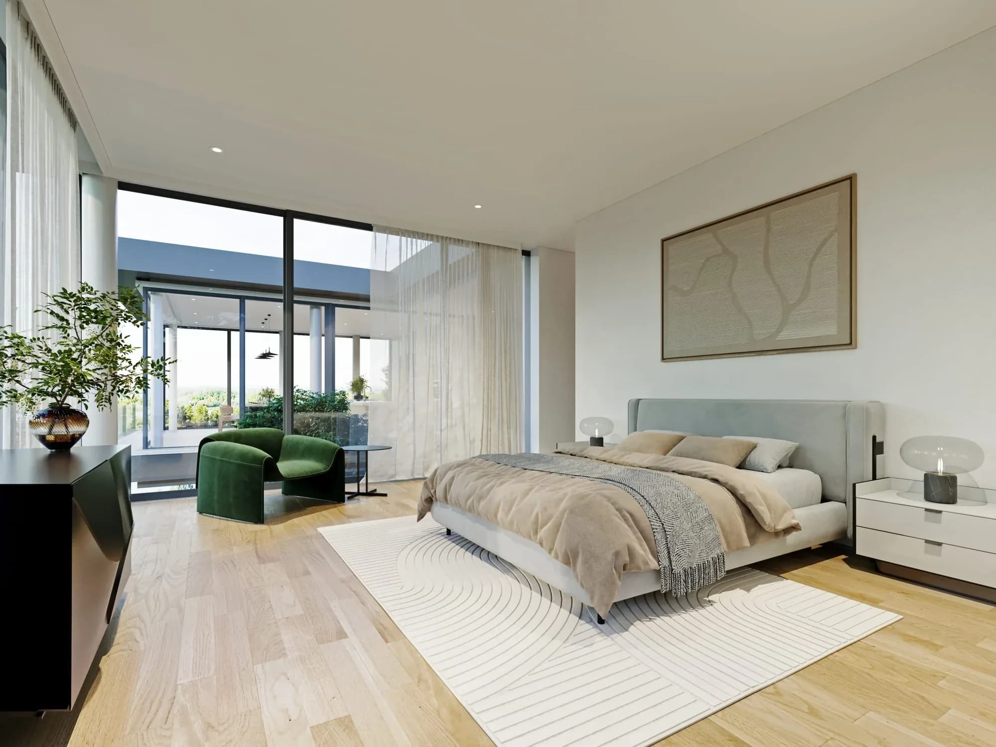 Master bedroom with floor-to-ceiling glass opening to the terrace