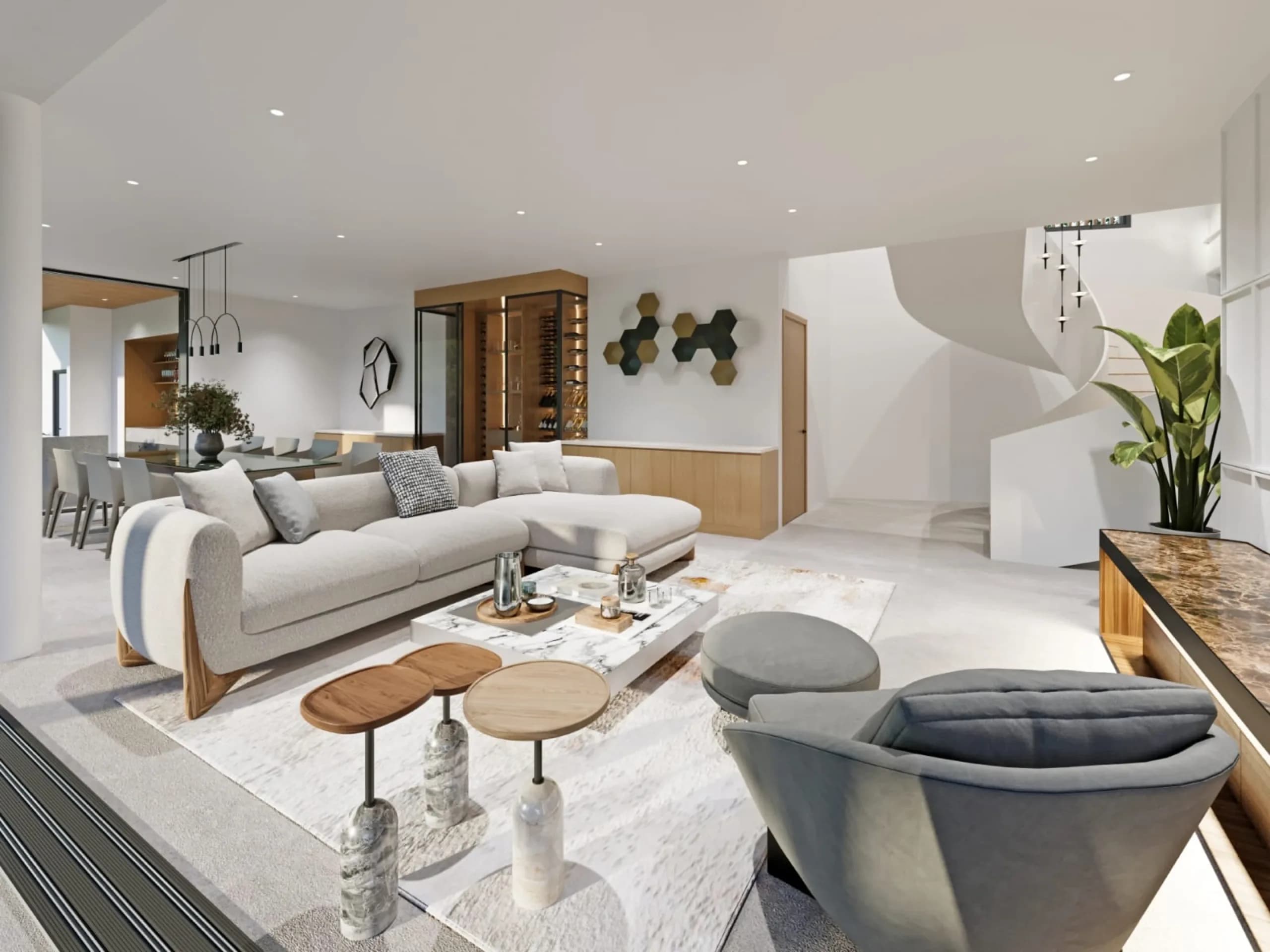 Open-plan living and dining area with sweeping spiral staircase