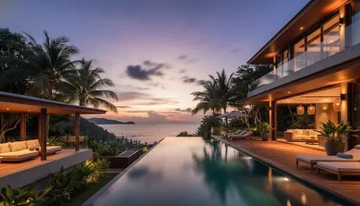 Luxury Phuket villa at dusk with illuminated infinity pool