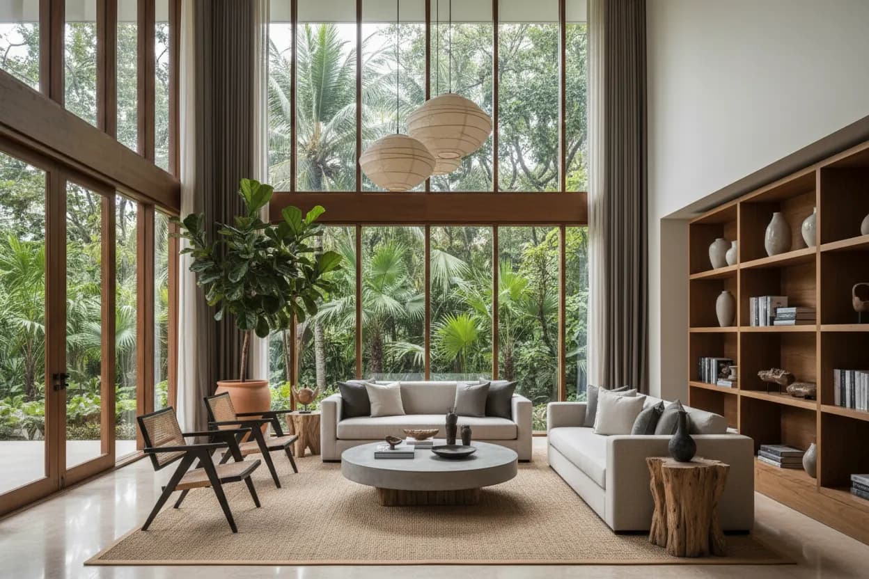 Double-height tropical living room with warm timber detailing